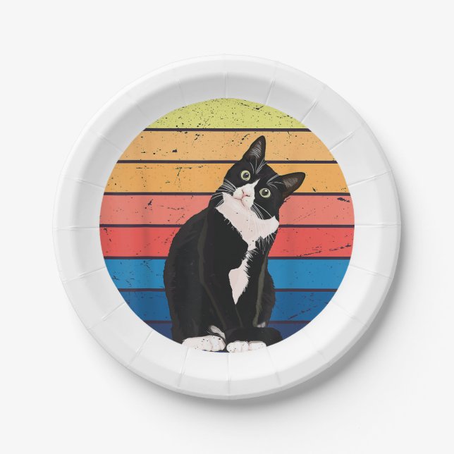 Tuxedo Cat Geschenk Retro Farben für Tierfreunde Pappteller (Vorderseite)