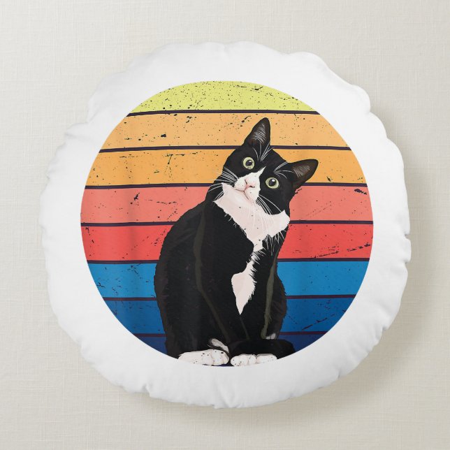 Tuxedo Cat Geschenk Retro Farben für Tierfreunde Rundes Kissen (Vorderseite)