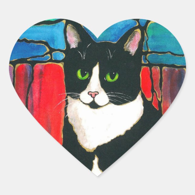 Tuxedo Cat Gestaltetes Glas Design Art T - Shirt Herz-Aufkleber (Vorderseite)