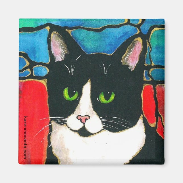 Tuxedo Cat Gestaltetes Glas Design Art T - Shirt Magnet (Vorne)