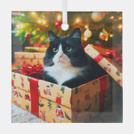 Tuxedo Cat Glass Ornament