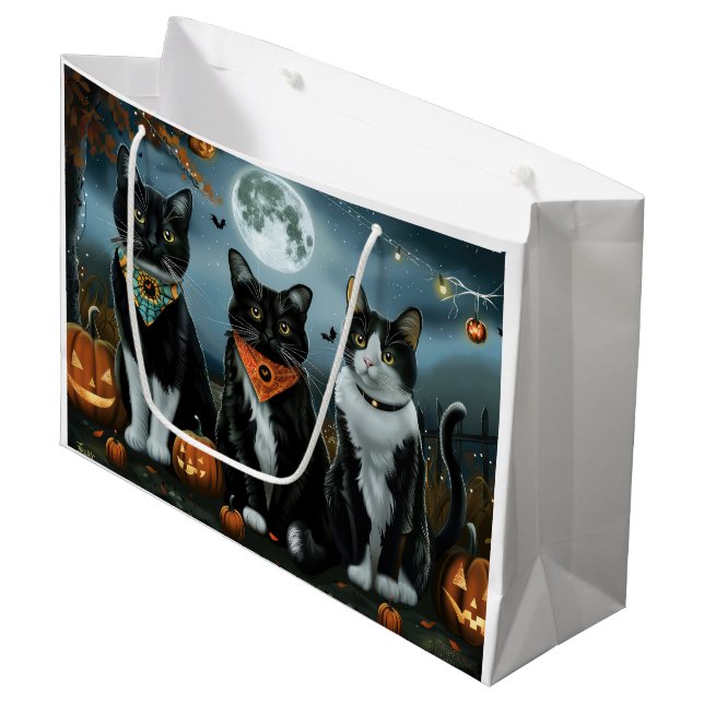 Tuxedo Cat Halloween Spooky Große Geschenktüte (Vorderseite Schrägansicht)