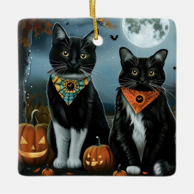 Tuxedo Cat Halloween Spooky Keramikornament (Vorderseite)