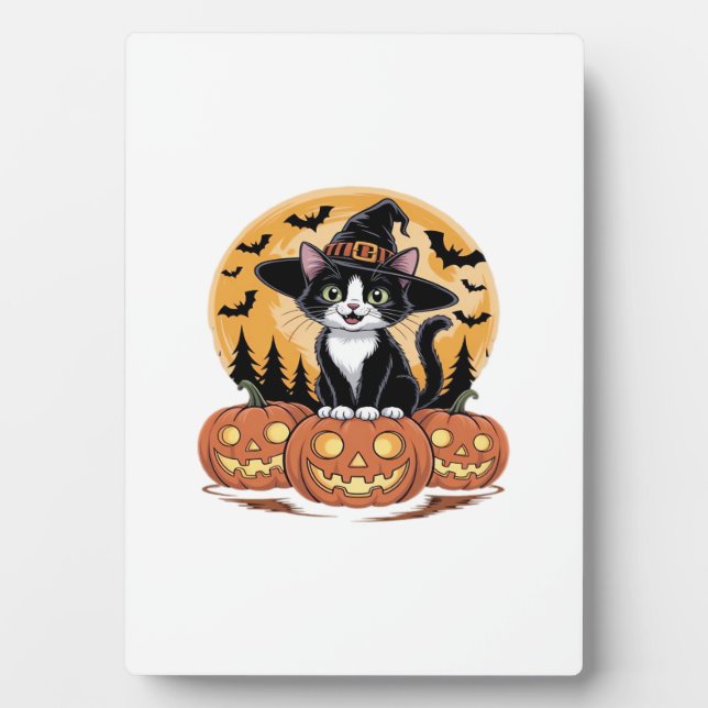 Tuxedo Cat Halloween Witch Cute Pumpkins Essential Fotoplatte (Vorderseite)