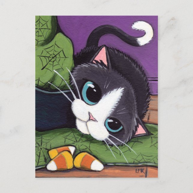 Tuxedo Cat Hexen Hut & Candy Mais Halloween Postkarte (Vorderseite)