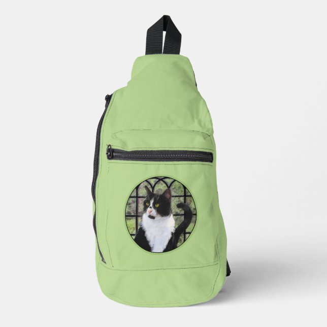 Tuxedo Cat in Window Painting Niedliche Originalku Crossbody Bag (Vorderseite)
