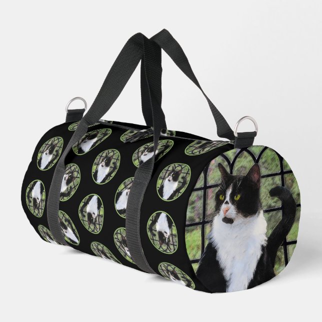 Tuxedo Cat in Window Painting Niedliche Originalku Duffle Bag (Linke Seite)