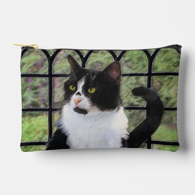 Tuxedo Cat in Window Painting Niedliche Originalku Zubehörtasche (Vorderseite)