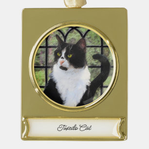 Tuxedo Cat in Window Painting Original Animal Art Banner-Ornament Gold