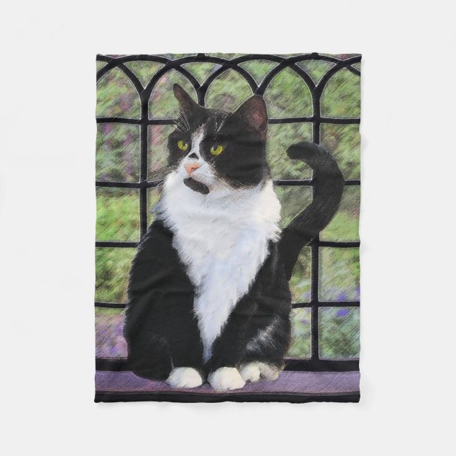 Tuxedo Cat in Window Painting Original Animal Art Fleecedecke (Vorderseite)