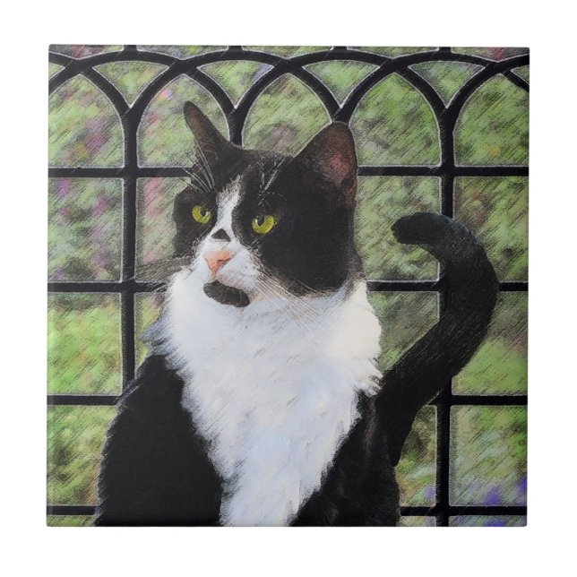Tuxedo Cat in Window Painting Original Animal Art Fliese (Vorderseite)
