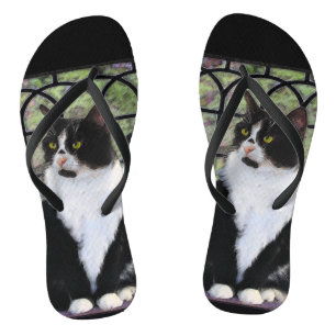 Tuxedo Cat in Window Painting Original Animal Art Flip Flops