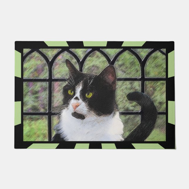 Tuxedo Cat in Window Painting Original Animal Art Fußmatte (Vorderseite)