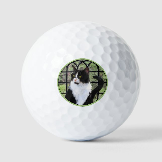 Tuxedo Cat in Window Painting Original Animal Art Golfball (Vorderseite)