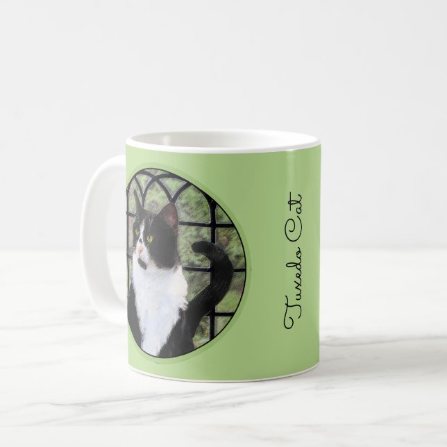 Tuxedo Cat in Window Painting Original Animal Art Kaffeetasse (Vorderseite Links)