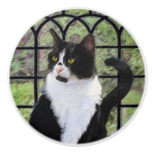 Tuxedo Cat in Window Painting Original Animal Art Keramikknauf