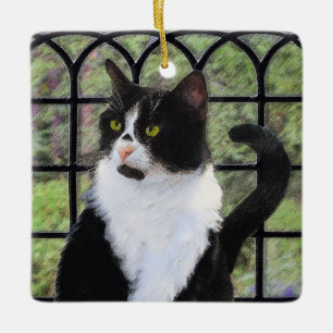 Tuxedo Cat in Window Painting Original Animal Art Keramikornament