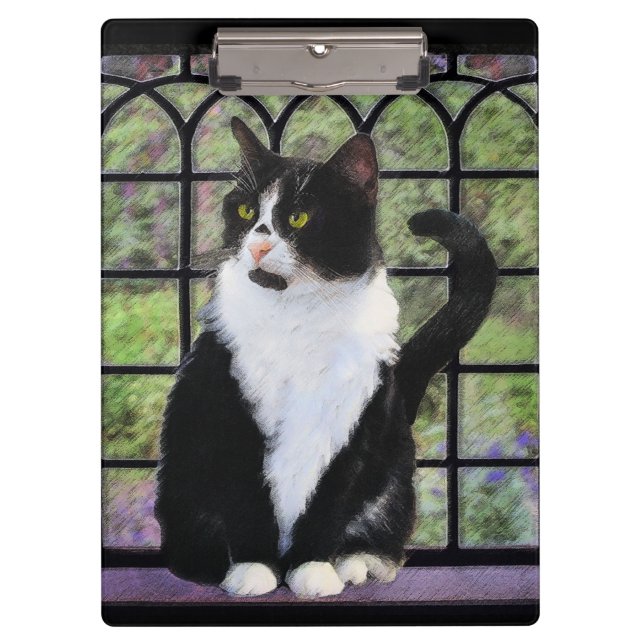 Tuxedo Cat in Window Painting Original Animal Art Klemmbrett (Vorderseite)