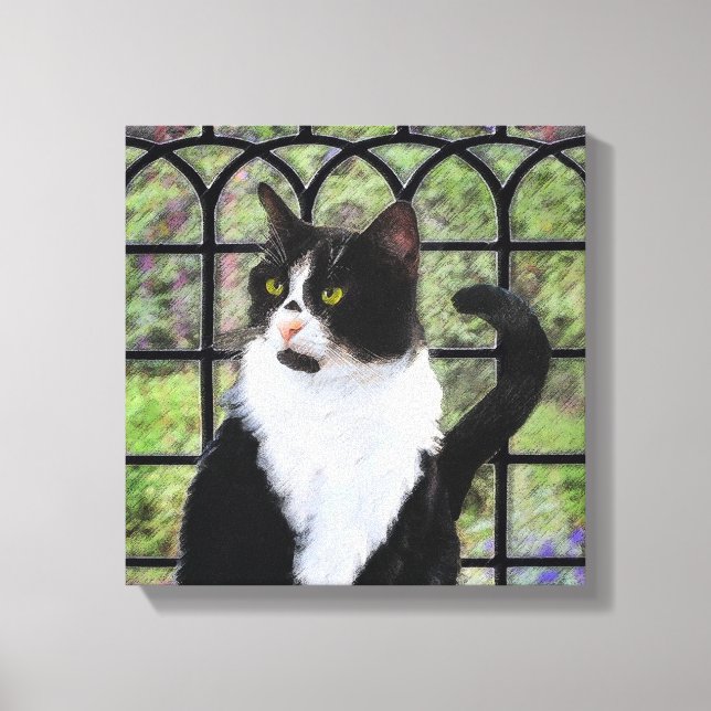 Tuxedo Cat in Window Painting Original Animal Art Leinwanddruck (Vorderseite)