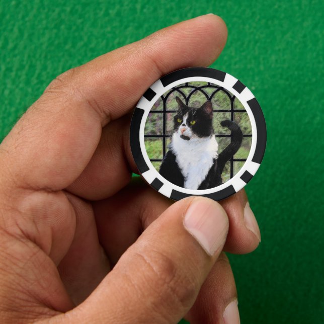 Tuxedo Cat in Window Painting Original Animal Art Pokerchips (Hand)