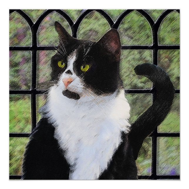 Tuxedo Cat in Window Painting Original Animal Art Poster (Vorderseite)