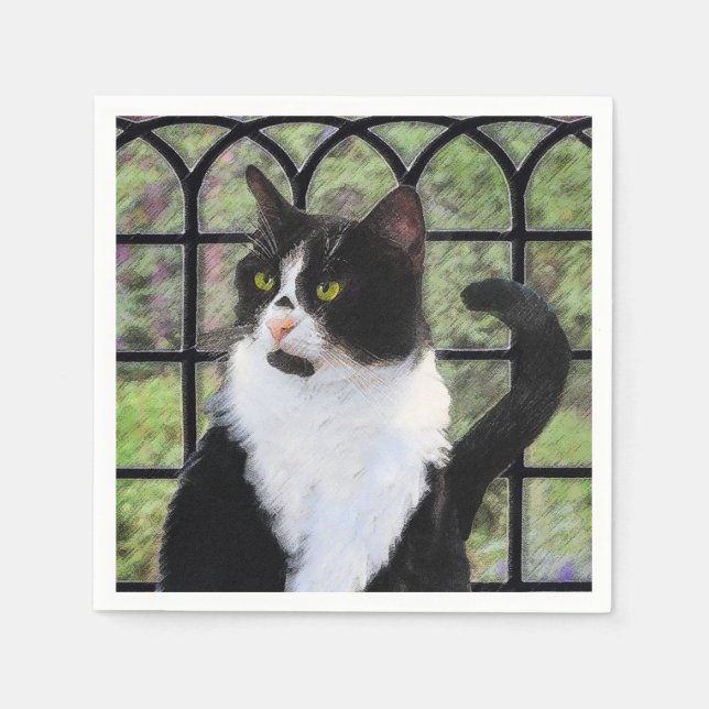 Tuxedo Cat in Window Painting Original Animal Art Serviette (Vorderseite)