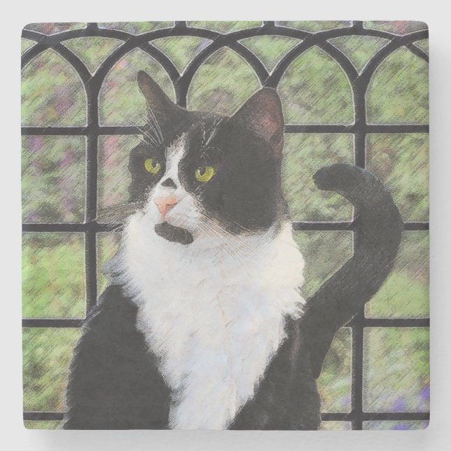 Tuxedo Cat in Window Painting Original Animal Art Steinuntersetzer (Vorderseite)