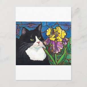 Tuxedo Cat Iris Blume Schmetterling Festglas Postkarte