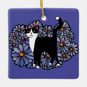 Tuxedo Cat Lila Daisis Art Keramikornament