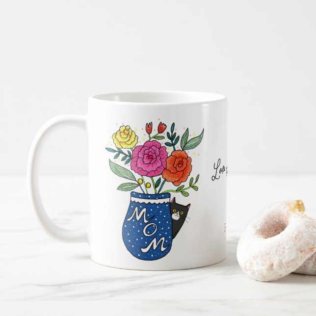 Tuxedo Cat Lover Mom Floral Custom Name Gift Kaffeetasse (Mit Donut)