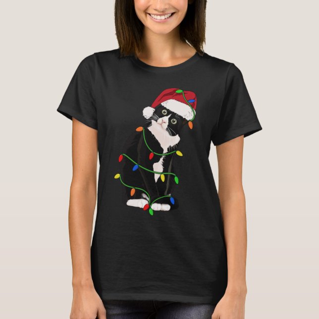 Tuxedo Cat Meow Santa Tuxie Weihnachtsbaumleuchten T-Shirt (Vorderseite)