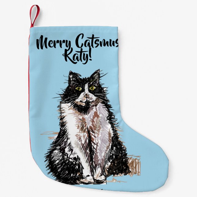 Tuxedo Cat Merry Catsmus Blue Christmas Strumpf Kleiner Weihnachtsstrumpf (Vorderseite)