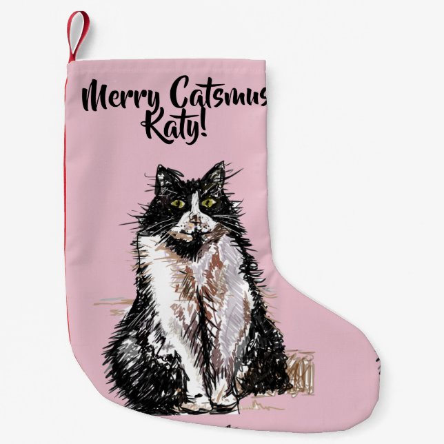 Tuxedo Cat Merry Catsmus Rosa Weihnachtsweih Strum Kleiner Weihnachtsstrumpf (Vorderseite)
