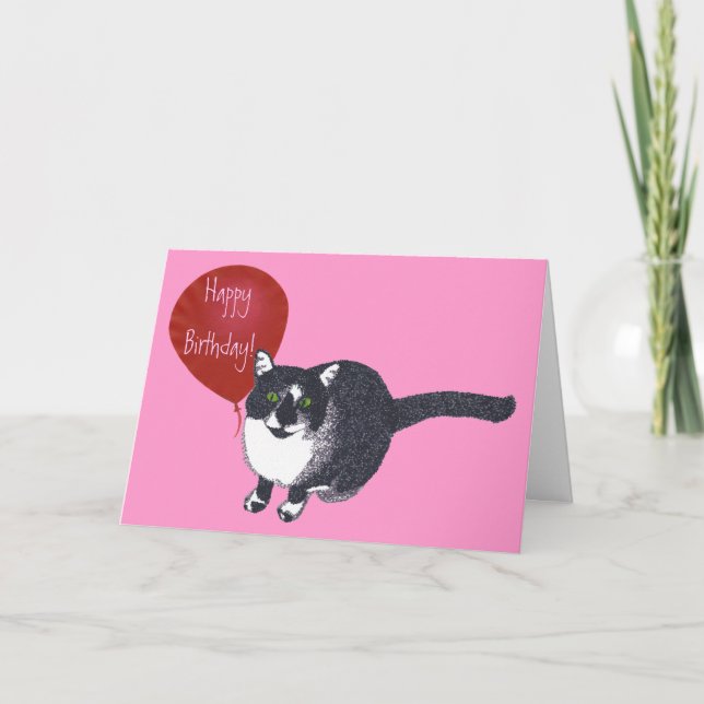 Tuxedo Cat mit Balloon Happy Birthday Cards Karte (Vorderseite)