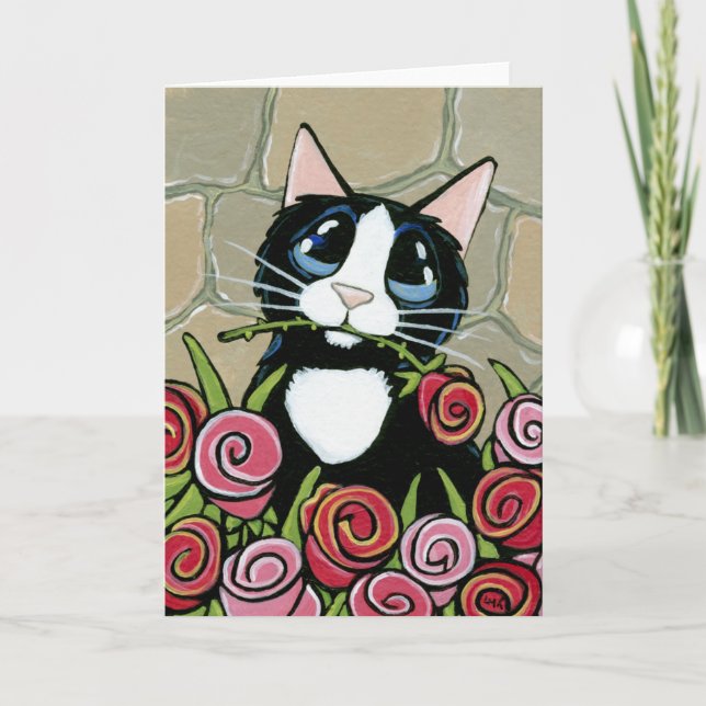 Tuxedo Cat mit Rosa und Rosen Grußkarte Karte (Vorderseite)