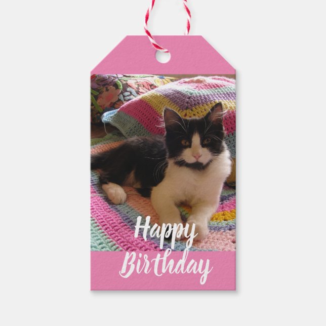 Tuxedo Cat Niedlich mit Hübschen Crochet Rug Viele Geschenkanhänger (Vorderseite)