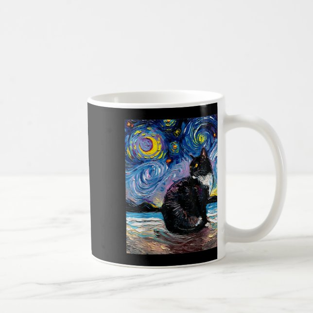 Tuxedo Cat On Beach Starry Night Impressionistisch Kaffeetasse (Rechts)