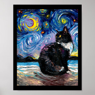 Tuxedo Cat On Beach Starry Night Impressionistisch Poster