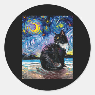 Tuxedo Cat On Beach Starry Night Impressionistisch Runder Aufkleber