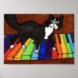 Tuxedo Cat on Rainbow Piano Poster