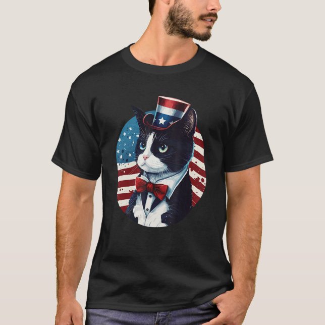 Tuxedo Cat Patriot USA 4th of July Men Women T-Shirt (Vorderseite)
