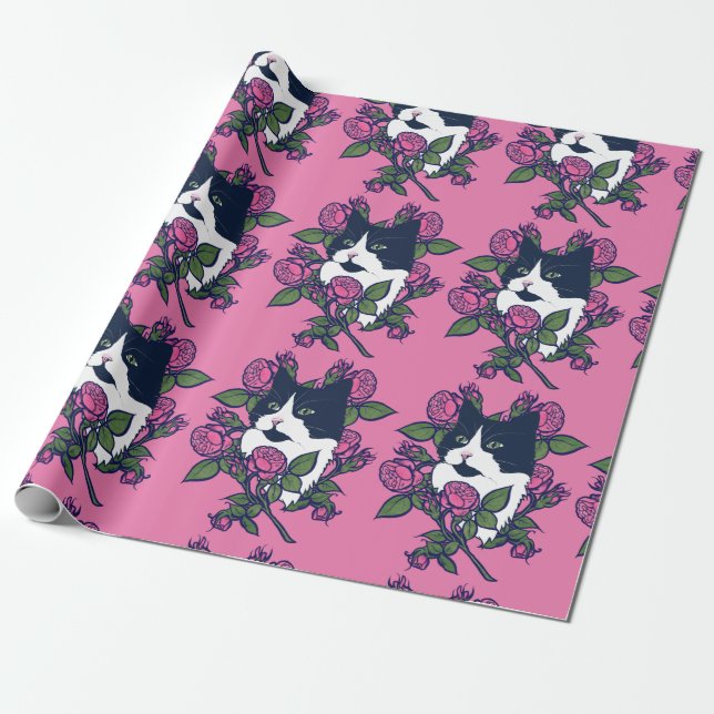 Tuxedo Cat Peony Floral Art Tuxie Katzen Geschenkpapier (Ungerollt)