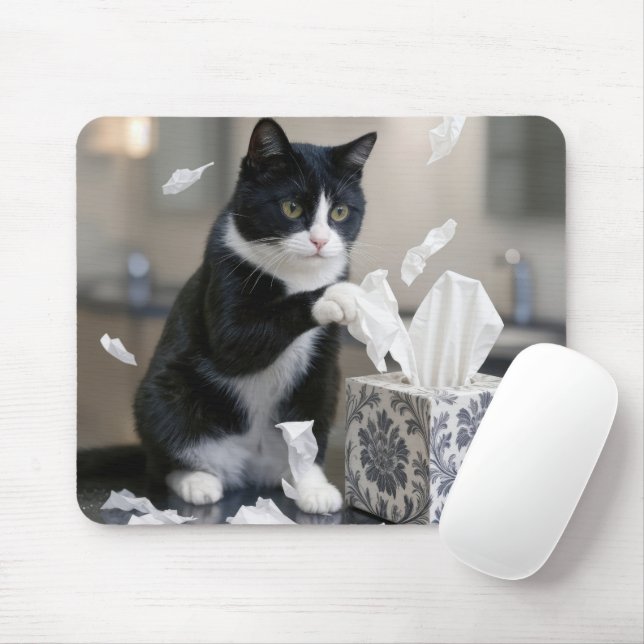 Tuxedo Cat Playing with a Tissue Box Mousepad (Mit Mouse)