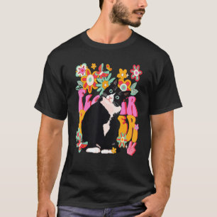 Tuxedo Cat Retro 60er 70er Vibe Blume Peace Sign V T-Shirt