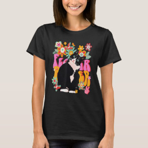 Tuxedo Cat Retro 60er 70er Vibe Blume Peace Sign V T-Shirt