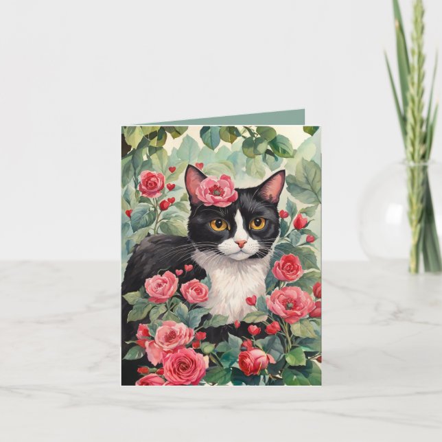 Tuxedo Cat & Rose Valentinstag Card Feiertagskarte (Vorderseite)