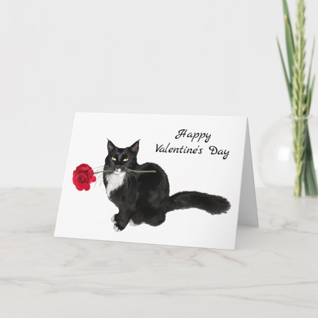 Tuxedo Cat Rote Rose Valentinstag Karte (Vorderseite)