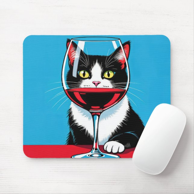 Tuxedo Cat Staring Through a Wine Glass Mousepad (Mit Mouse)