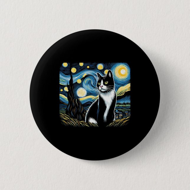 Tuxedo Cat Starry Night Painting Tuxedo Cat Eigent Button (Vorderseite)