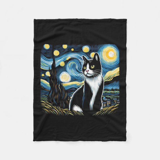 Tuxedo Cat Starry Night Painting Tuxedo Cat Eigent Fleecedecke (Vorderseite)